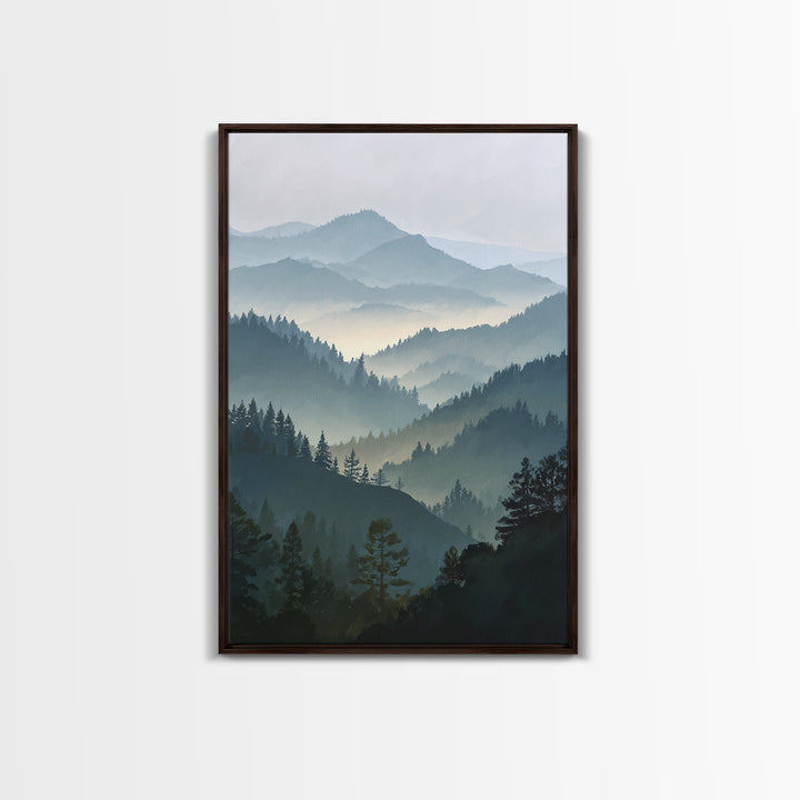 Quiet Forest Ridge Softened by Fog Framed Canvas Print, Above Bed Art, Textured Painting, Bedroom Decor, Fine Art, Serenity, ABA-2x3-22