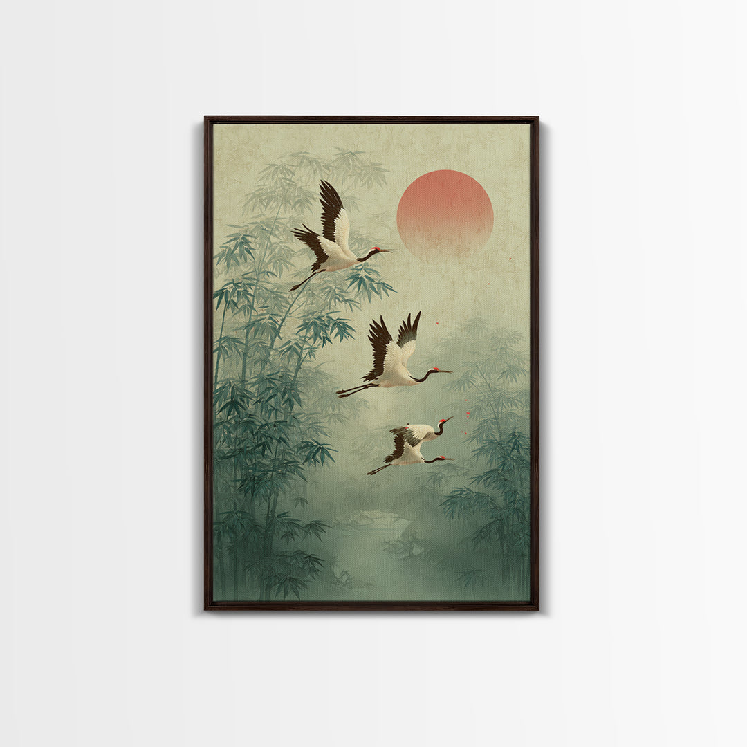 Ethereal Cranes Flying Through Pale Morning Mist Canvas Print, Above Bed Art, Printable Wall Art, Bedroom Decor, Serenity, ABA-2x3-41