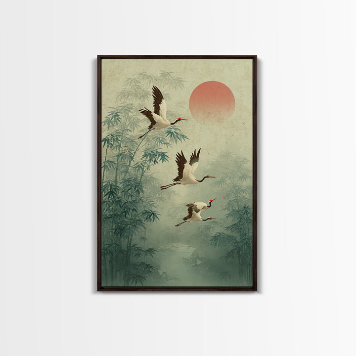 Ethereal Cranes Flying Through Pale Morning Mist Canvas Print, Above Bed Art, Printable Wall Art, Bedroom Decor, Serenity, ABA-2x3-41