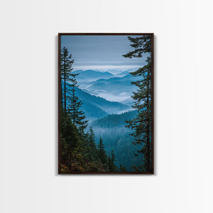 Quiet Forest Ridge Softened by Fog Framed Canvas Print, Above Bed Art, Textured Painting, Bedroom Decor, Fine Art, Serenity, ABA-2x3-46