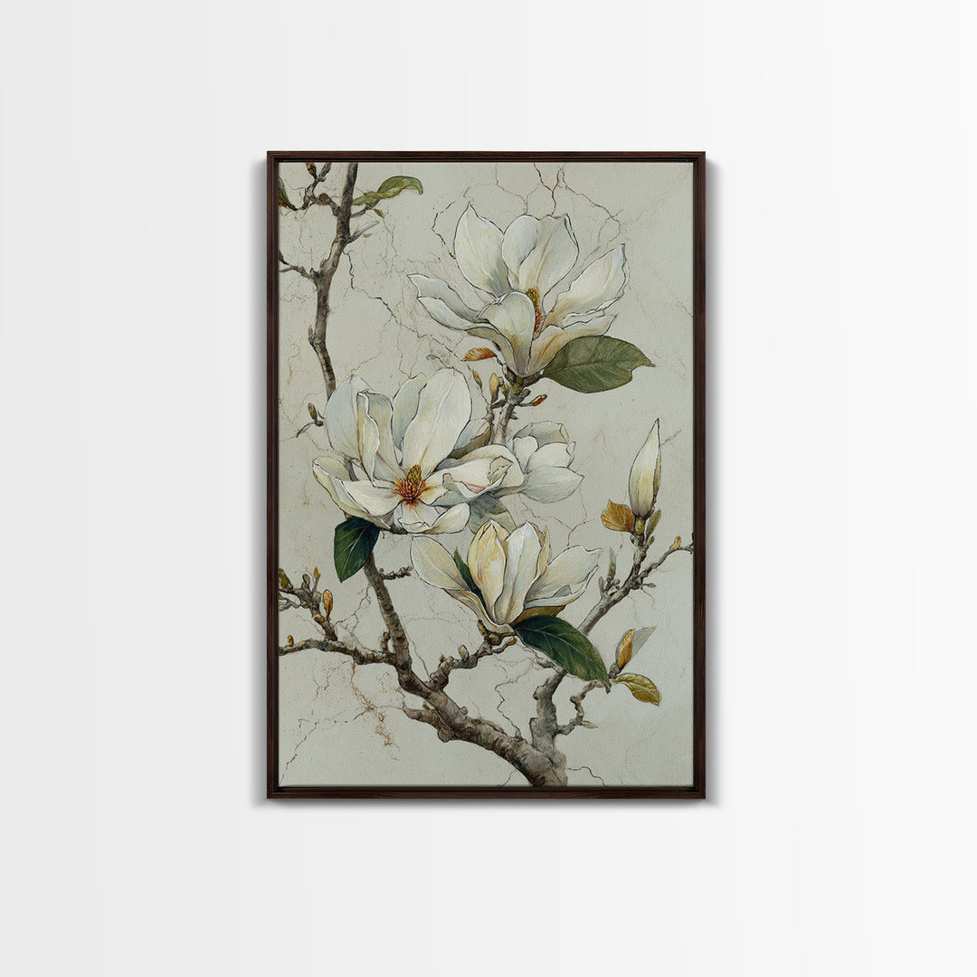 Delicate Magnolia Branch on Cream Background Framed Canvas Print, Above Bed Art, Statement Artwork, Bedroom Decor, Serenity, ABA-2x3-48