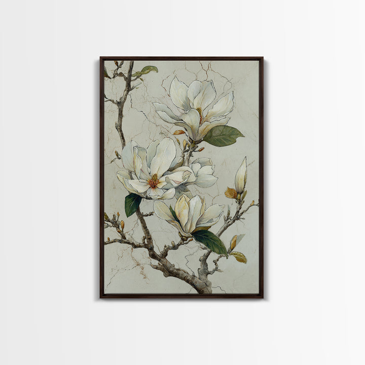 Delicate Magnolia Branch on Cream Background Framed Canvas Print, Above Bed Art, Statement Artwork, Bedroom Decor, Serenity, ABA-2x3-48