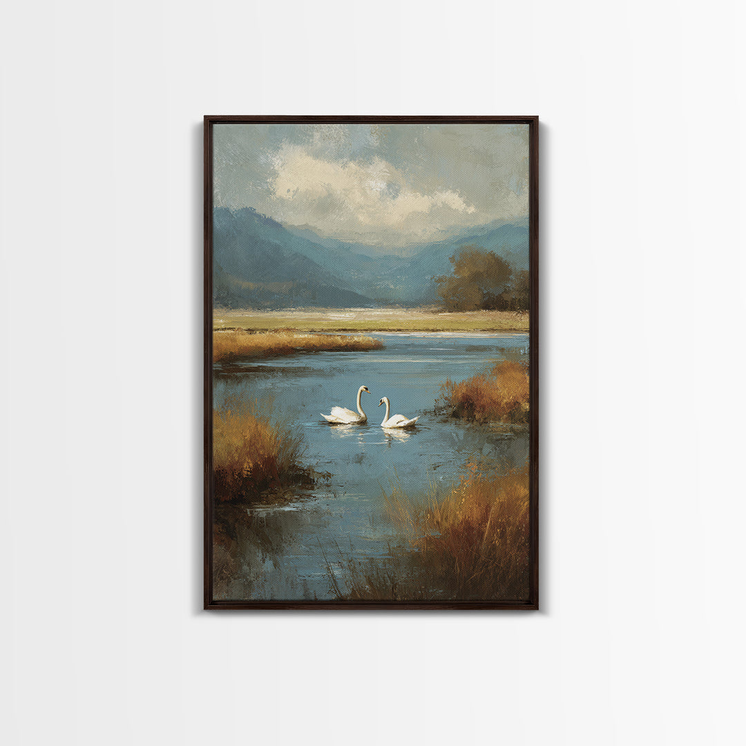 Paired Swans in a Dreamy Painterly Lake Canvas Print, Above Bed Art, Minimalist Decor, Bedroom Decor, Fine Art, Serenity, ABA-2x3-54
