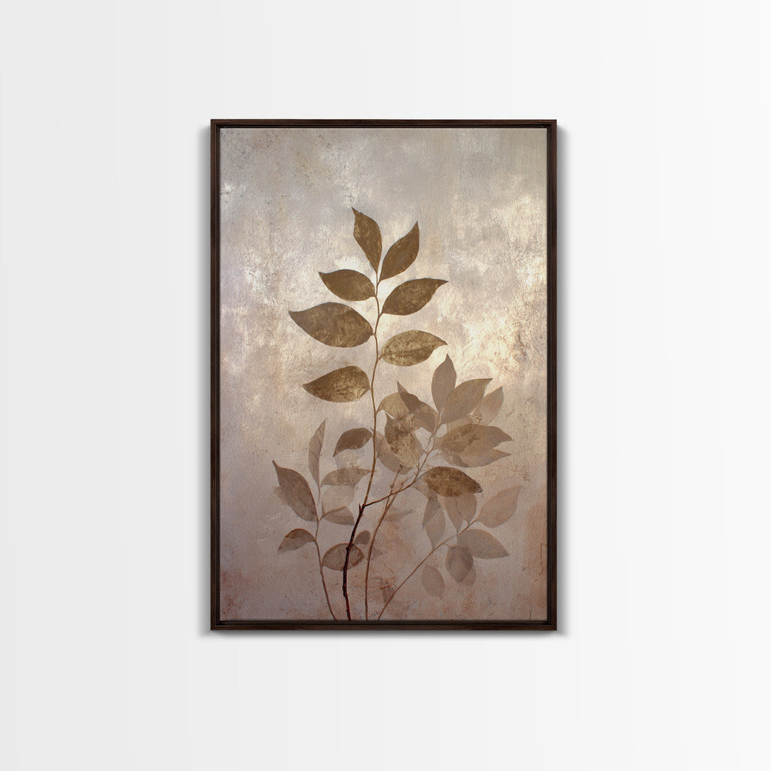 Tonal Botanical Shadows on Plaster Surface Framed Canvas Print, Above Bed Art, Bedroom Decor, Oil Painting, Serenity, ABA-2x3-55