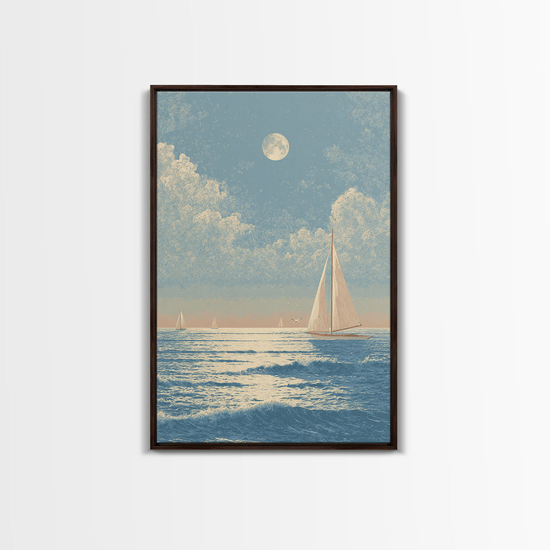 Quiet Moon over a Calm Ocean Horizon Framed Canvas Print, Above Bed Art, Digital Art, Bedroom Decor, Fine Art, Serenity, ABA-2x3-59
