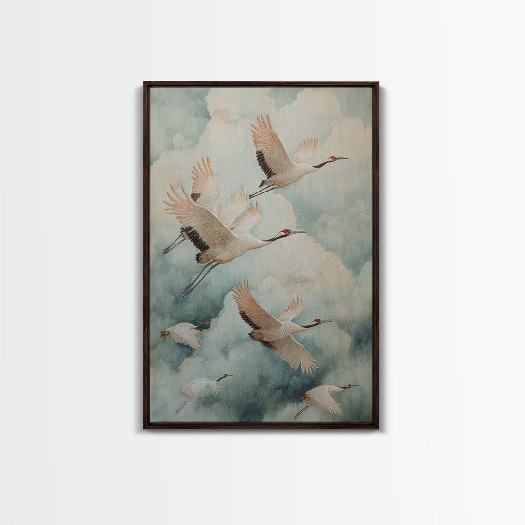 Ethereal Cranes Flying Through Pale Morning Mist Canvas Print, Above Bed Art, Canvas Wall Art, Bedroom Decor, Serenity, ABA-2x3-65