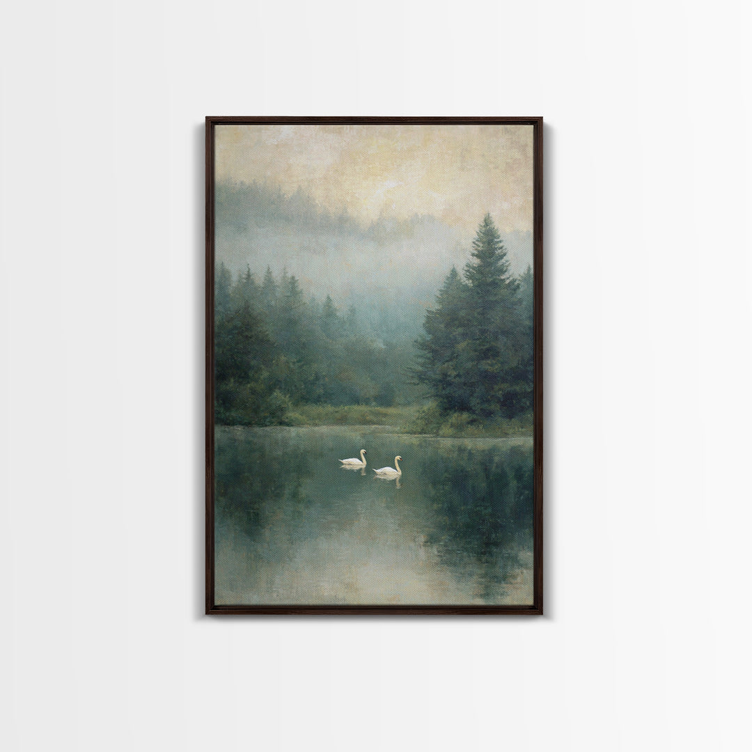 Paired Swans in a Dreamy Painterly Lake Framed Canvas Print, Above Bed Art, Printable Wall Art, Bedroom Decor, Serenity, ABA-2x3-78