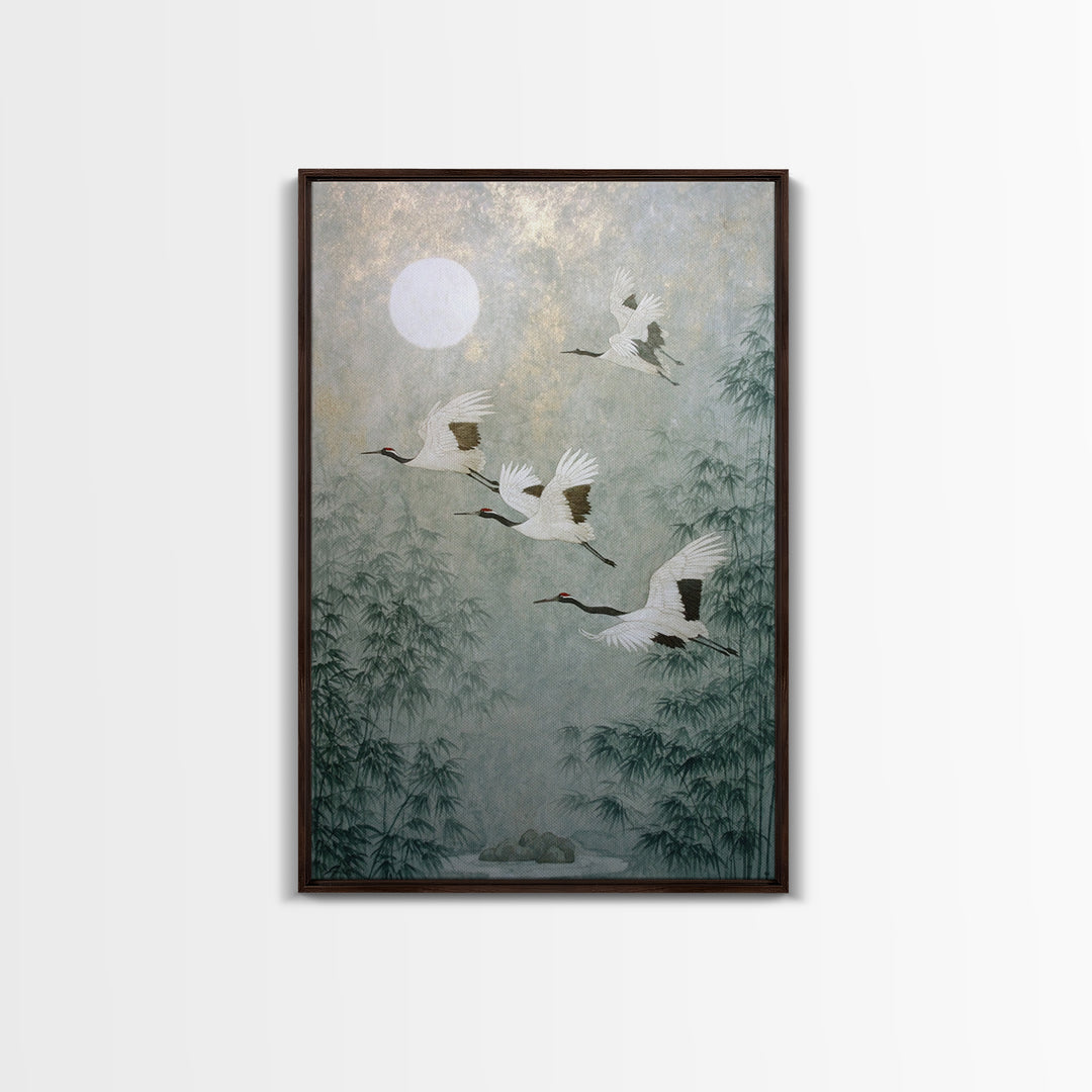 Ethereal Cranes Flying Through Pale Morning Mist Canvas Print, Above Bed Art, Living Room Decor, Bedroom Decor, Serenity, ABA-2x3-89