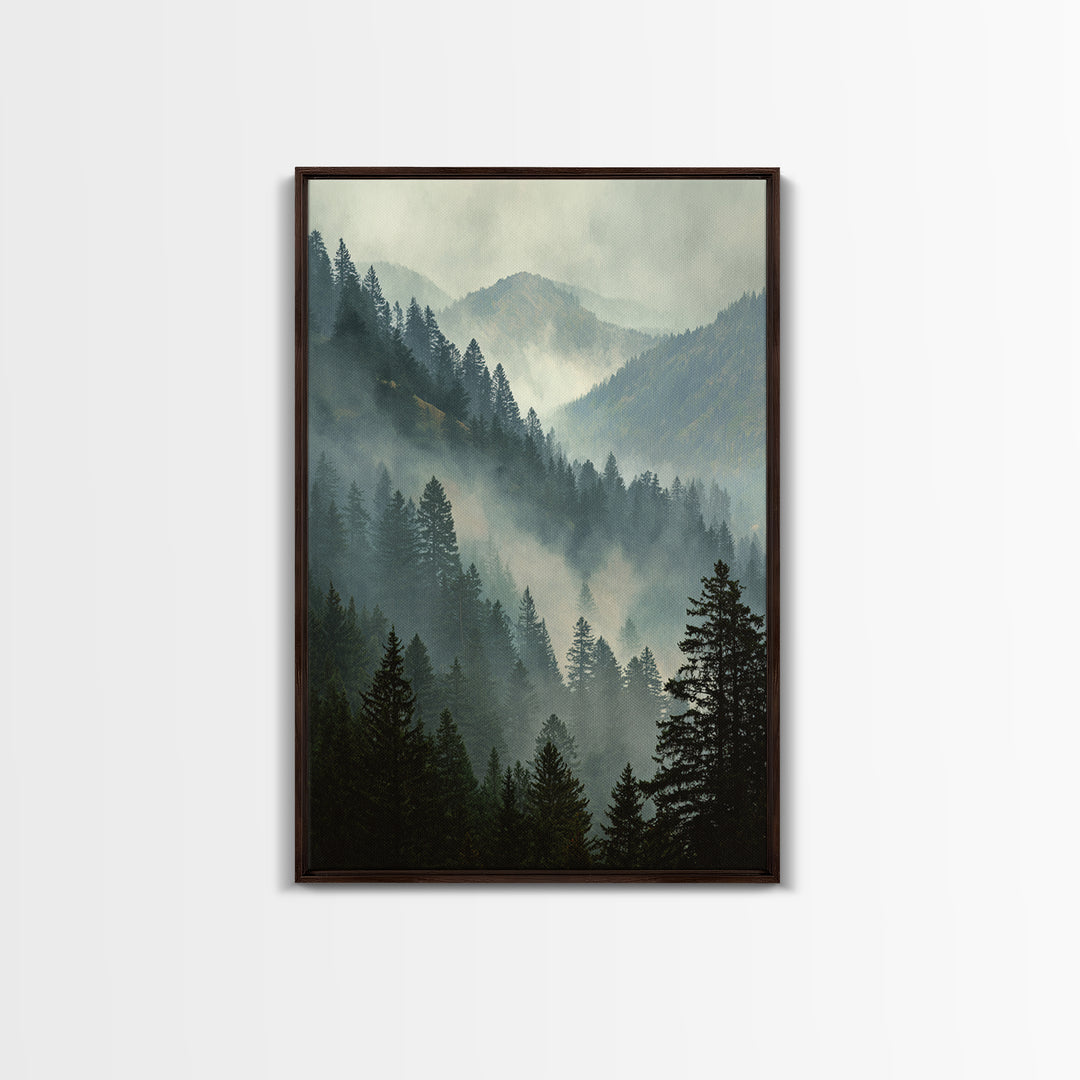 Quiet Forest Ridge Softened by Fog Framed Canvas Print, Above Bed Art, Large Wall Art, Bedroom Decor, Fine Art, Serenity, ABA-2x3-94