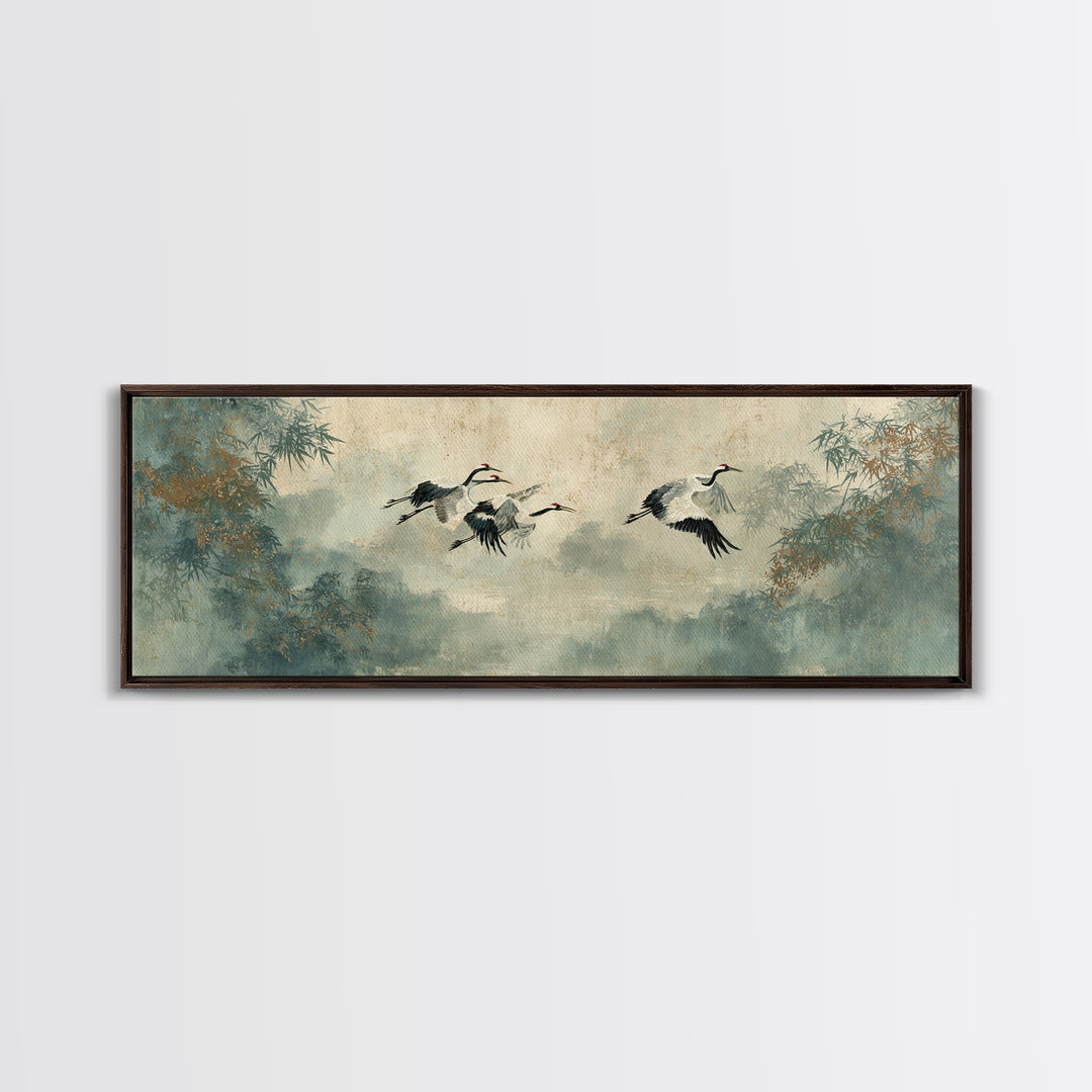 Ethereal Cranes Flying Through Pale Morning Mist Framed Canvas Print, Above Bed Art, Apartment Decor, Bedroom Decor, Serenity, ABA-3x1-1