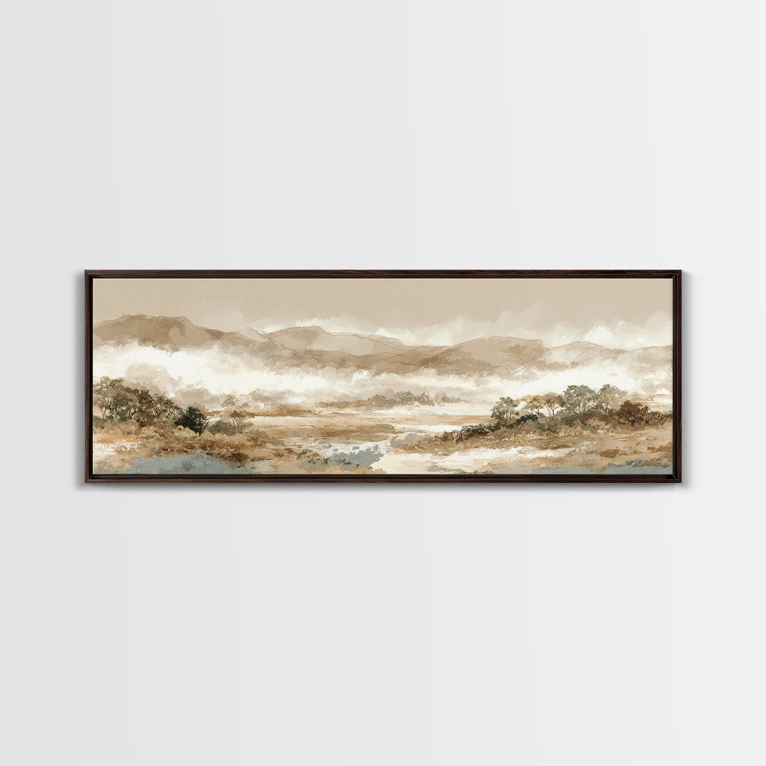 Panoramic Misty Mountain Landscape Framed Canvas Print, Above Bed Art, Boho Wall Art, Bedroom Decor, Fine Art, Serenity, ABA-3x1-17