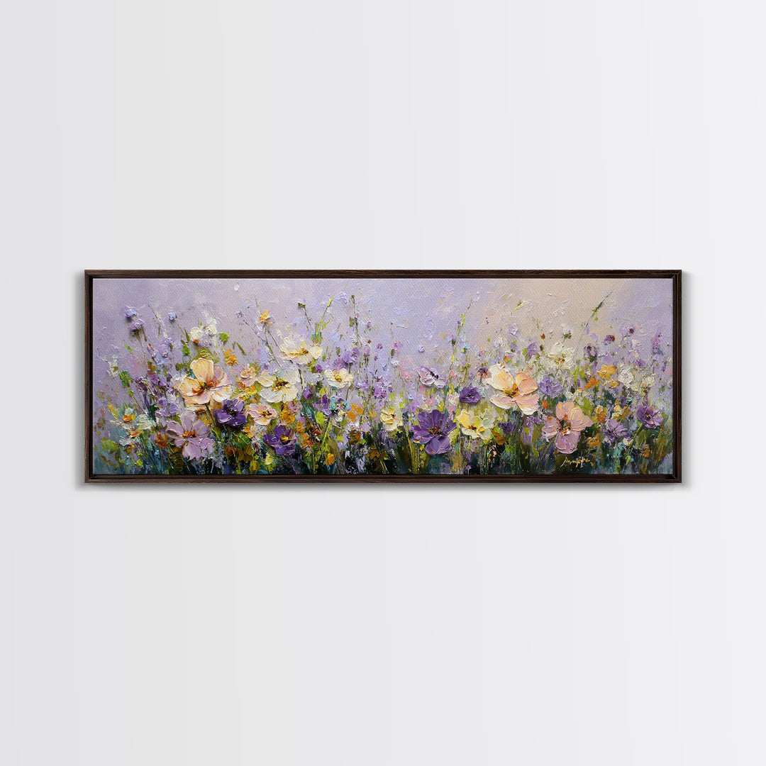 Wide Meadow of Muted Wildflowers at Dusk Framed Canvas Print, Above Bed Art, Bedroom Decor, Watercolor Art, Serenity, ABA-3x1-2