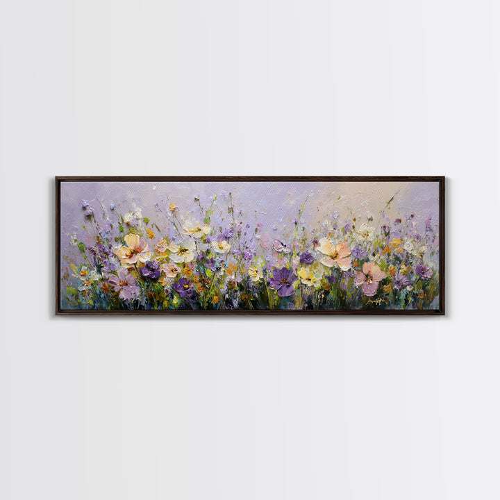 Wide Meadow of Muted Wildflowers at Dusk Framed Canvas Print, Above Bed Art, Bedroom Decor, Watercolor Art, Serenity, ABA-3x1-2