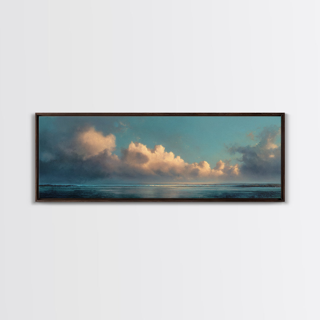 Tranquil Cloudscape with Blush Undertones Canvas Print, Above Bed Art, Horizontal Wall Art, Bedroom Decor, Fine Art, Serenity, ABA-3x1-21