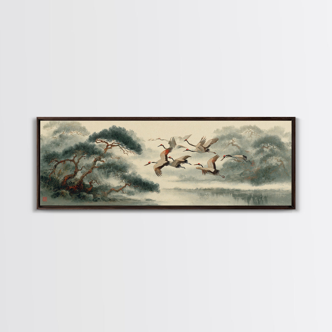 Ethereal Cranes Flying Through Pale Morning Mist Canvas Print, Above Bed Art, Dopamine Decor, Bedroom Decor, Abstract Art, ABA-3x1-25