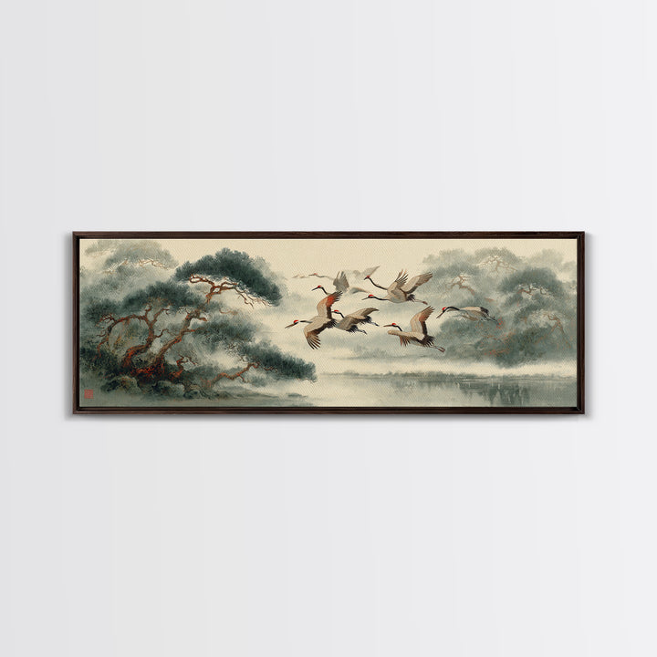 Ethereal Cranes Flying Through Pale Morning Mist Canvas Print, Above Bed Art, Dopamine Decor, Bedroom Decor, Abstract Art, ABA-3x1-25