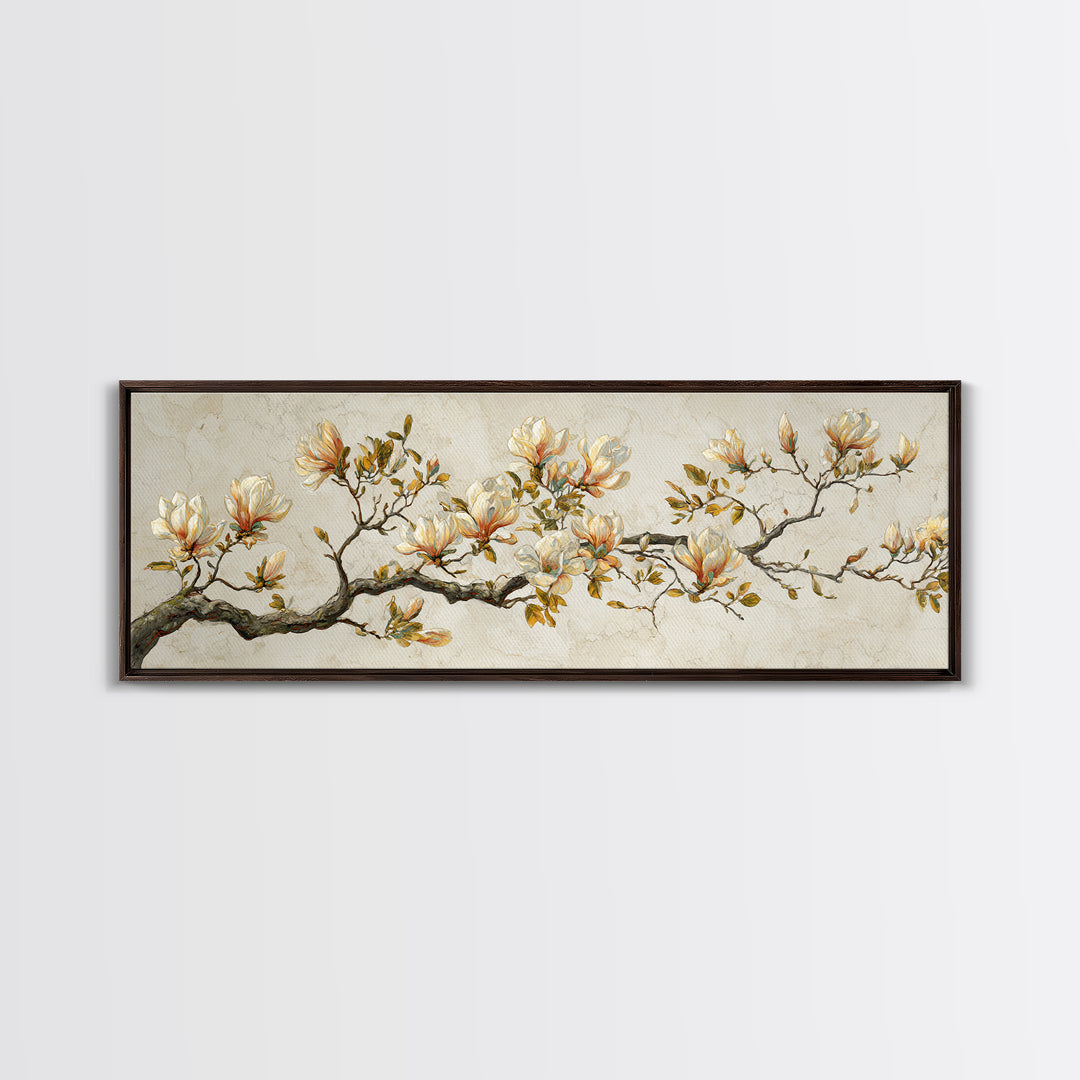 Delicate Magnolia Branch on Cream Background Framed Canvas Print, Above Bed Art, Bedroom Wall Decor, Bedroom Decor, Serenity, ABA-3x1-32
