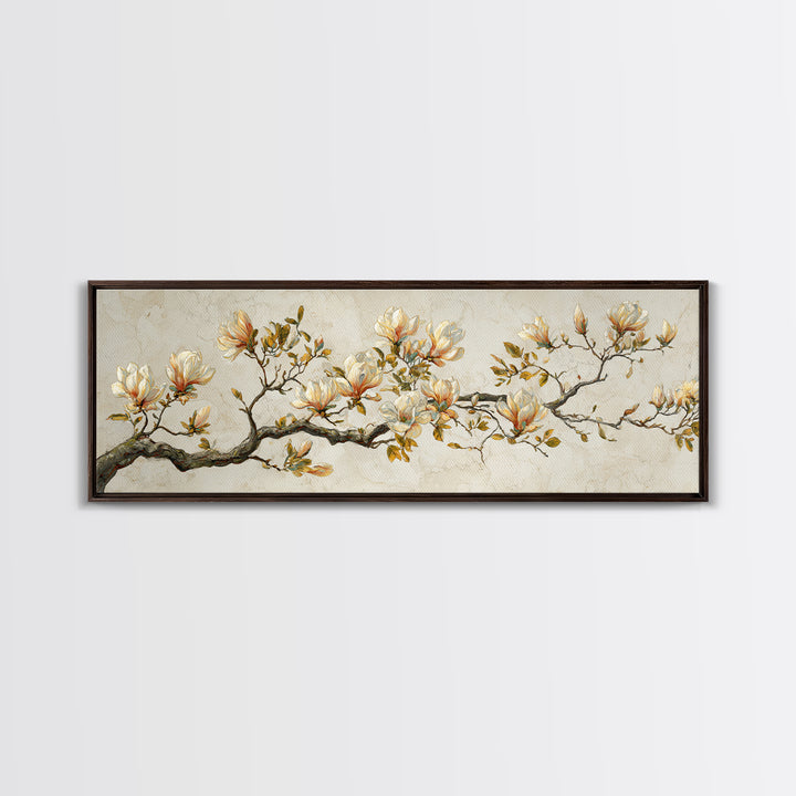 Delicate Magnolia Branch on Cream Background Framed Canvas Print, Above Bed Art, Bedroom Wall Decor, Bedroom Decor, Serenity, ABA-3x1-32