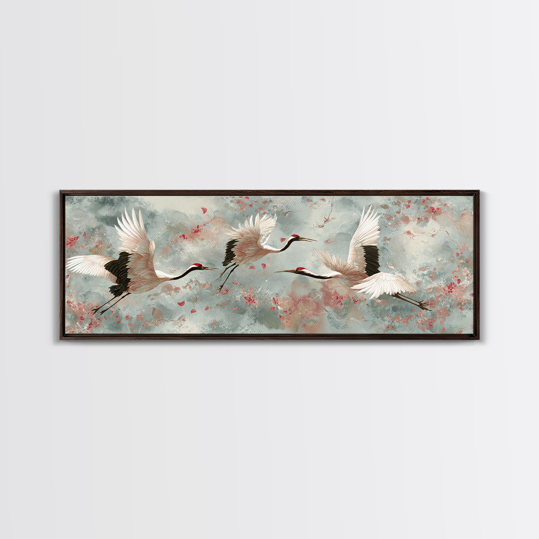 Ethereal Cranes Flying Through Pale Morning Mist Canvas Print, Above Bed Art, Dopamine Decor, Bedroom Decor, Abstract Art, ABA-3x1-49