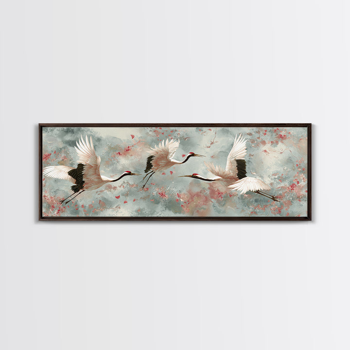 Ethereal Cranes Flying Through Pale Morning Mist Canvas Print, Above Bed Art, Dopamine Decor, Bedroom Decor, Abstract Art, ABA-3x1-49