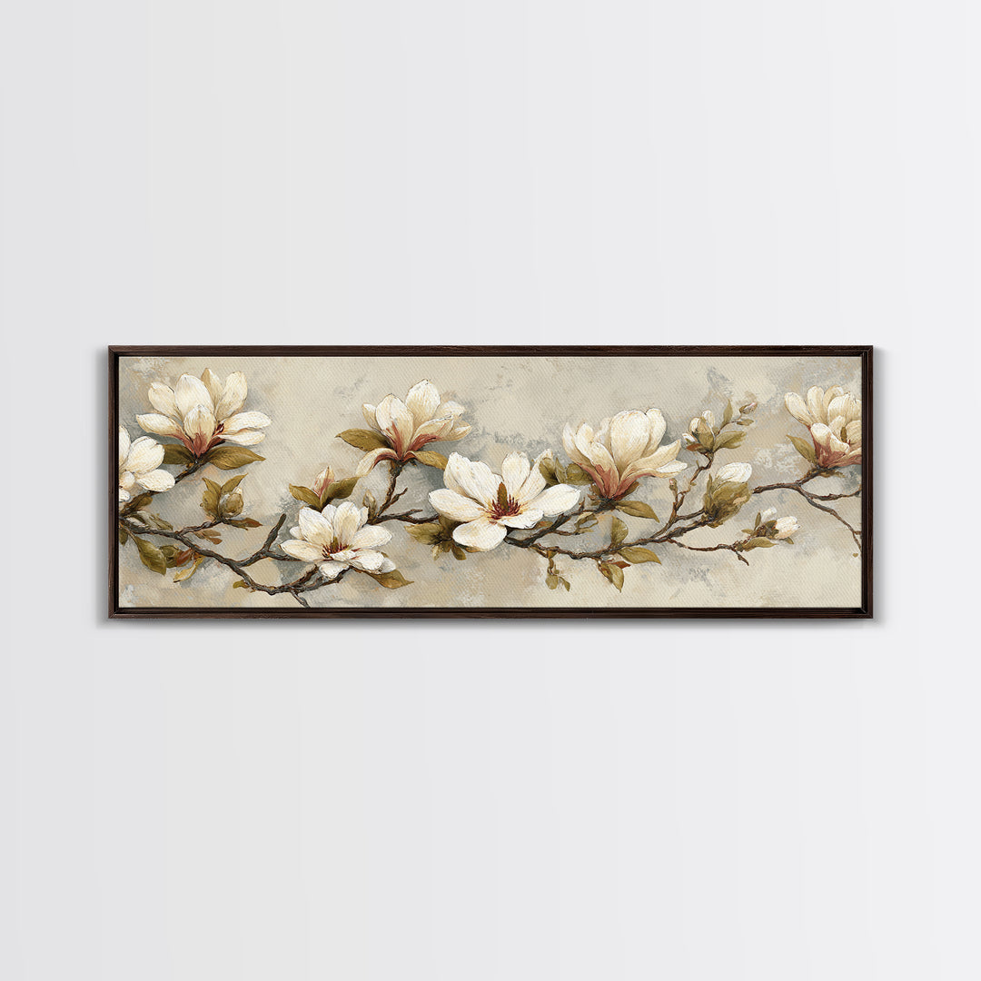 Delicate Magnolia Branch on Cream Background Canvas Print, Above Bed Art, Textured Painting, Bedroom Decor, Serenity, ABA-3x1-56