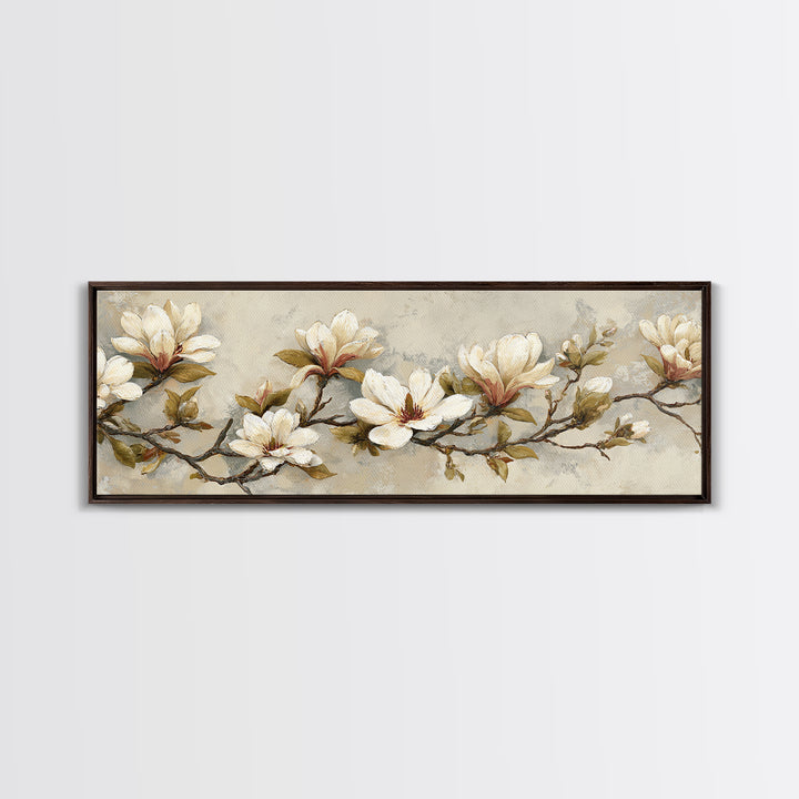 Delicate Magnolia Branch on Cream Background Canvas Print, Above Bed Art, Textured Painting, Bedroom Decor, Serenity, ABA-3x1-56