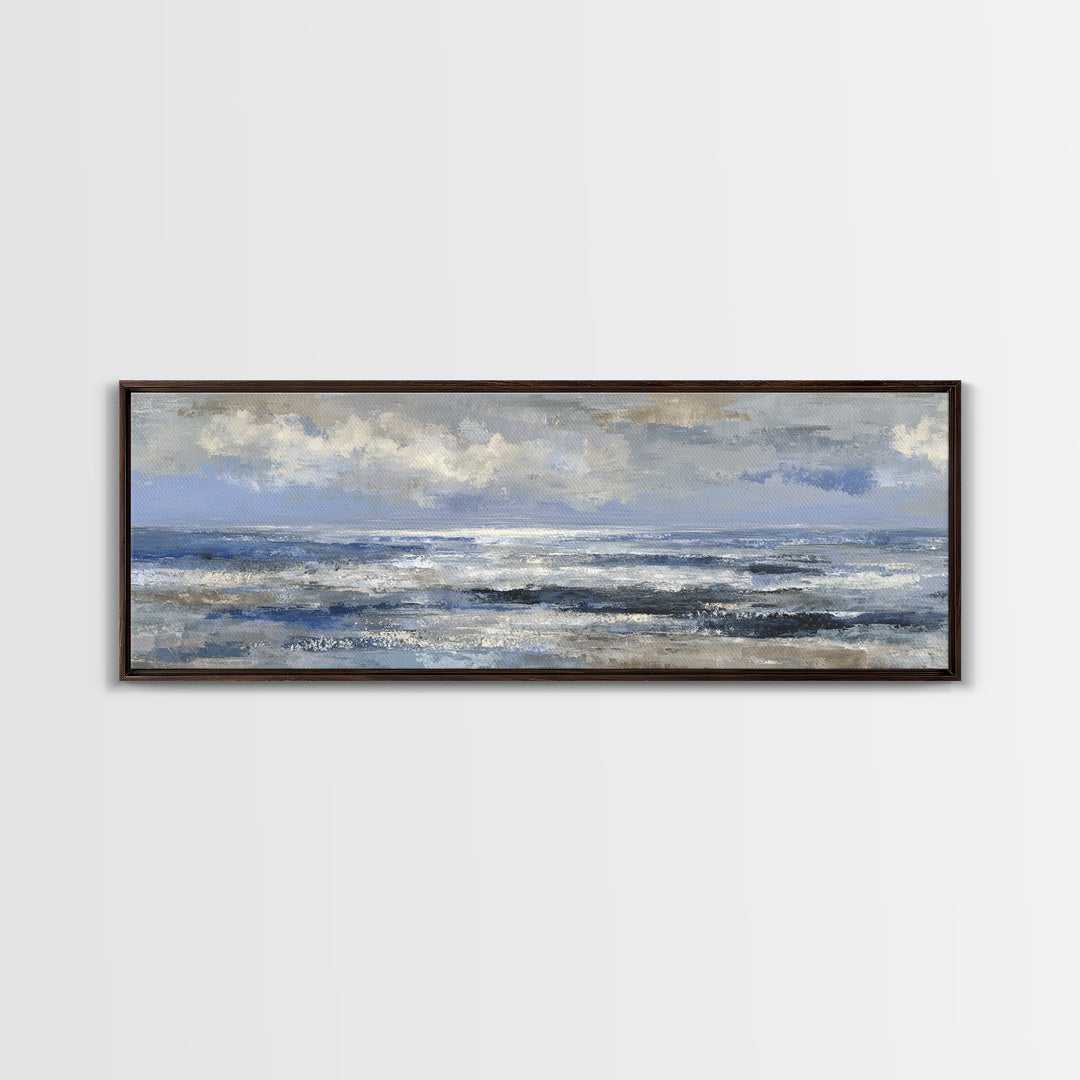 Quiet Moon over a Calm Ocean Horizon Framed Canvas Print, Above Bed Art, Large Wall Art, Bedroom Decor, Fine Art, Serenity, ABA-3x1-67