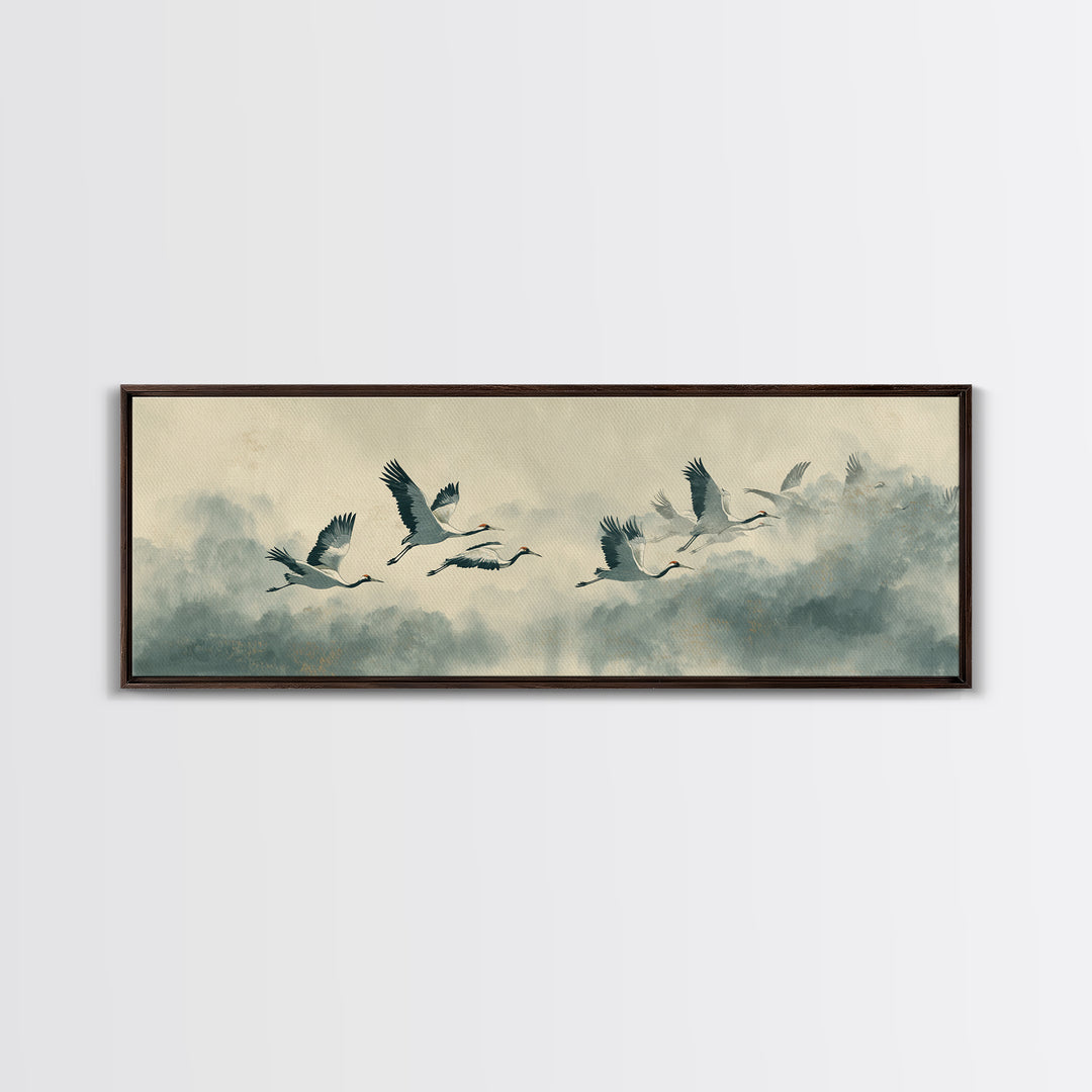 Ethereal Cranes Flying Through Pale Morning Mist Canvas Print, Above Bed Art, Living Room Wall Art, Bedroom Decor, Serenity, ABA-3x1-73