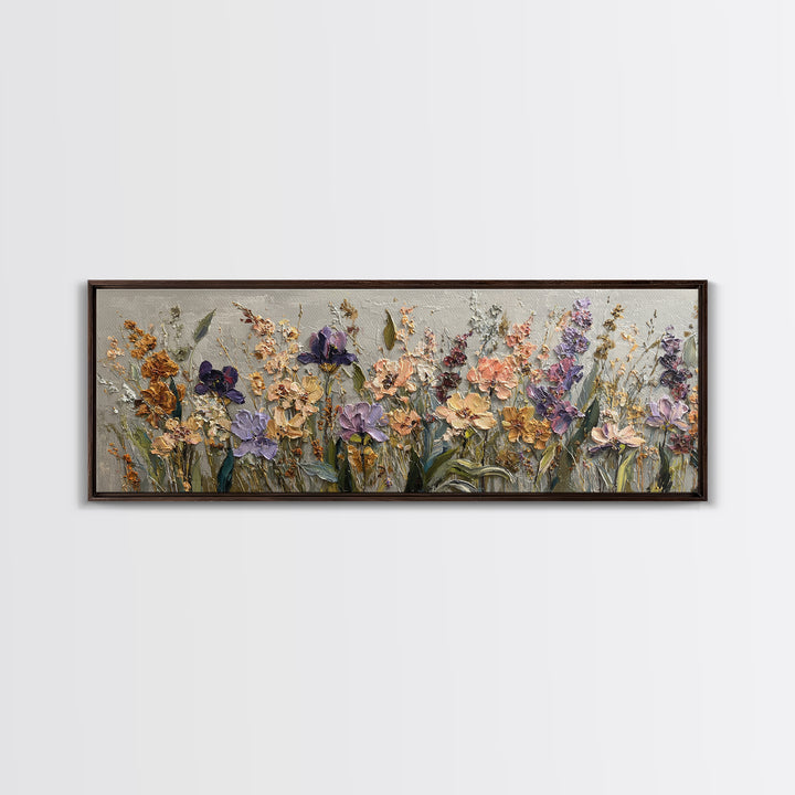 Wide Meadow of Muted Wildflowers at Dusk Framed Canvas Print, Above Bed Art, Whimsical Decor, Bedroom Decor, Fine Art, Serenity, ABA-3x1-74
