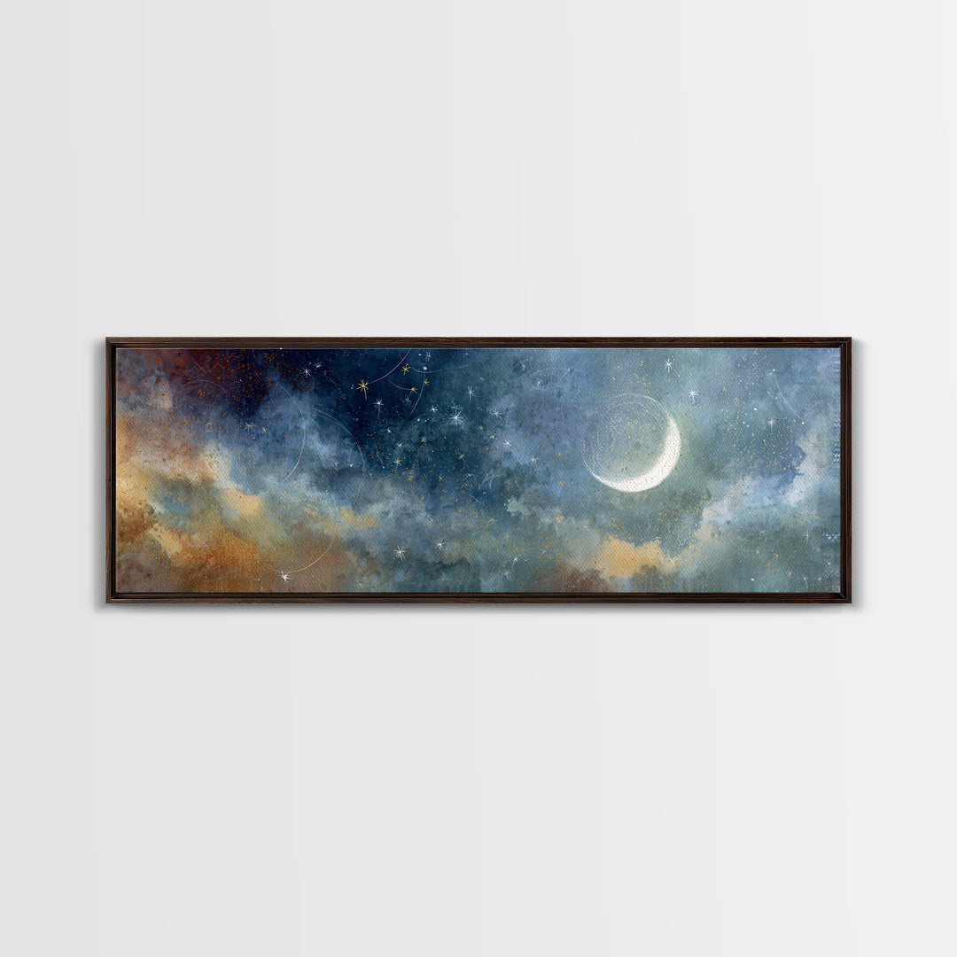 Subtle Celestial Scene Framed Canvas Print, Above Bed Art, Japanese Wall Art, Bedroom Decor, Fine Art, Serenity, Neutral Decor, ABA-3x1-77