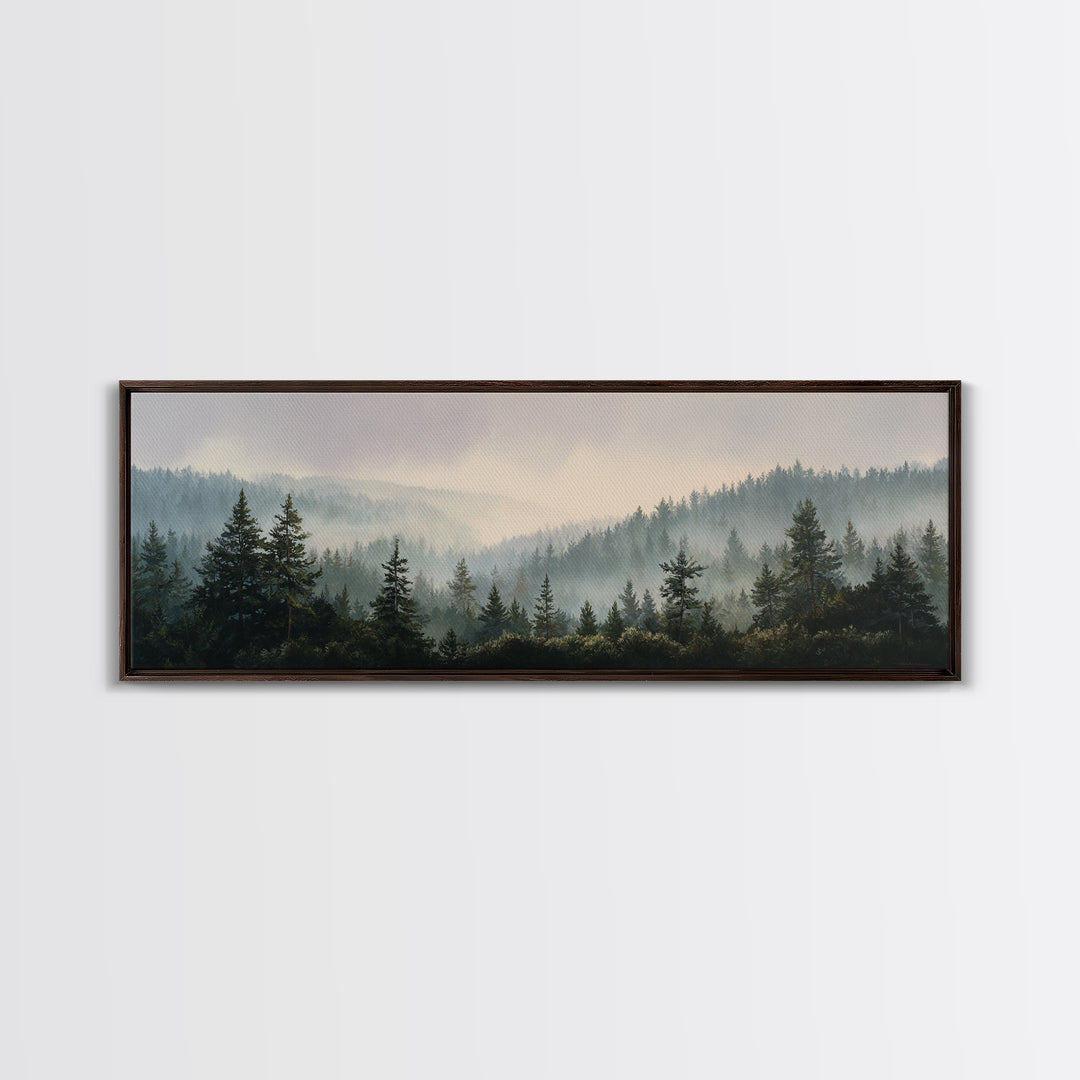 Quiet Forest Ridge Softened by Fog Canvas Print, Above Bed Art, Digital Prints, Bedroom Decor, Oil Painting, Serenity, ABA-3x1-78
