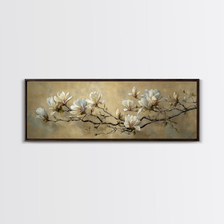 Delicate Magnolia Branch on Cream Background Canvas Print, Above Bed Art, Digital Prints, Bedroom Decor, Watercolor Art, ABA-3x1-80