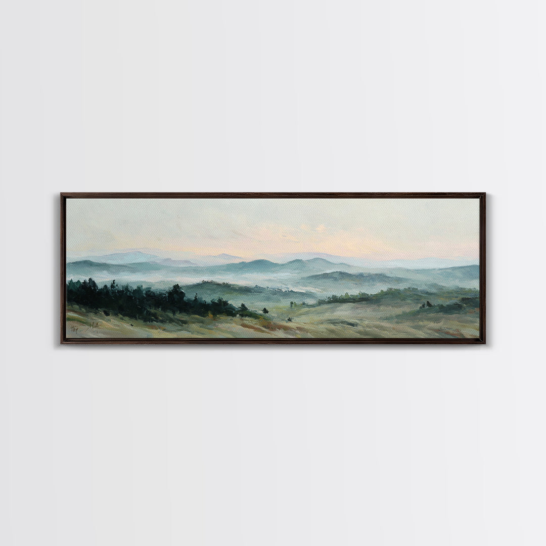 Soft Romantic Landscape Framed Canvas Print, Above Bed Art, Sage Green Wall Art, Bedroom Decor, Serenity, Modern Decor, ABA-3x1-81