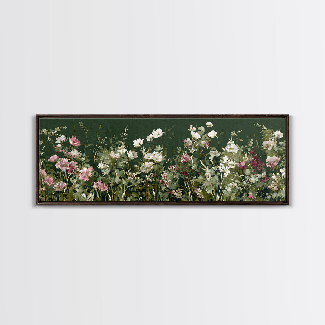 Wide Meadow of Muted Wildflowers at Dusk Canvas Print, Above Bed Art, Boho Wall Decor, Bedroom Decor, Oil Painting, Serenity, ABA-3x1-98