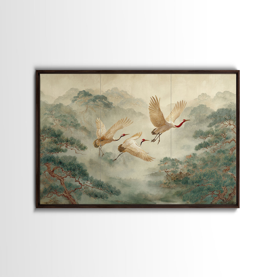 Ethereal Cranes Flying Through Pale Morning Mist Canvas Print, Above Bed Art, Living Room Decor, Bedroom Decor, Serenity, ABA-3x2-13