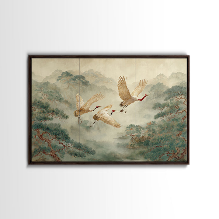 Ethereal Cranes Flying Through Pale Morning Mist Canvas Print, Above Bed Art, Living Room Decor, Bedroom Decor, Serenity, ABA-3x2-13