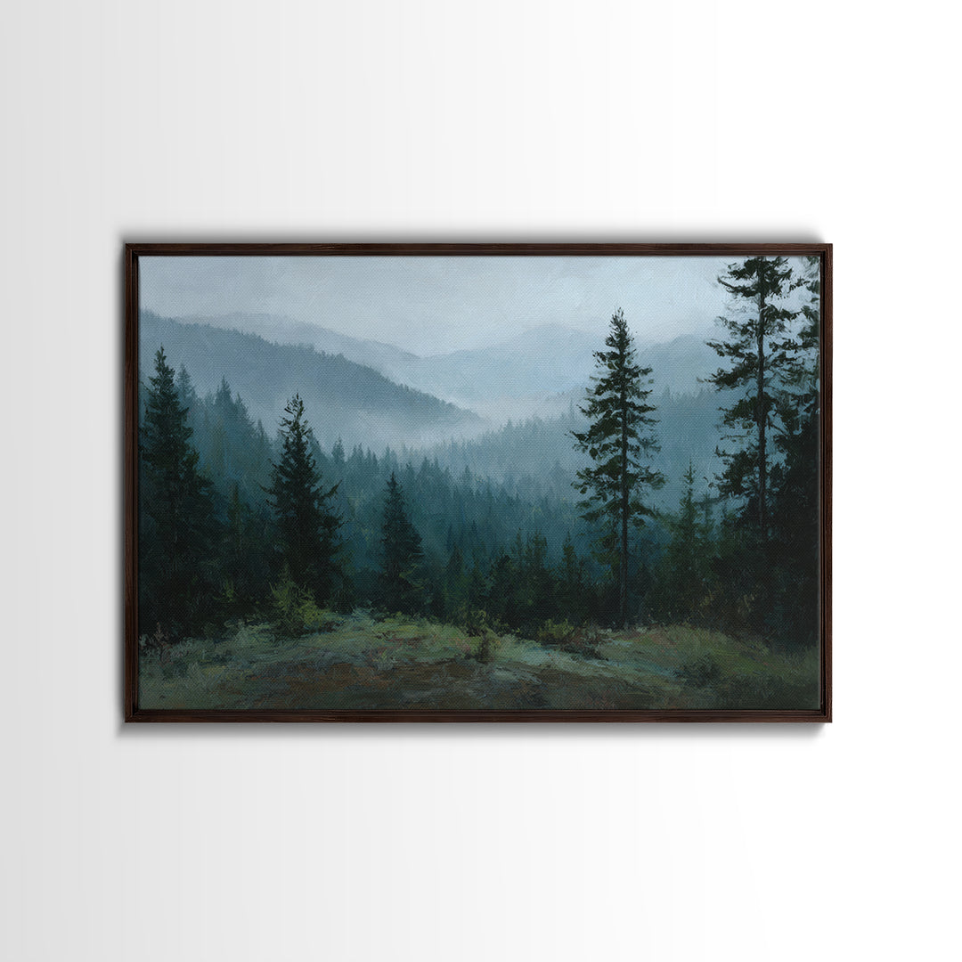 Quiet Forest Ridge Softened by Fog Framed Canvas Print, Above Bed Art, Large Wall Art, Bedroom Decor, Fine Art, Serenity, ABA-3x2-18