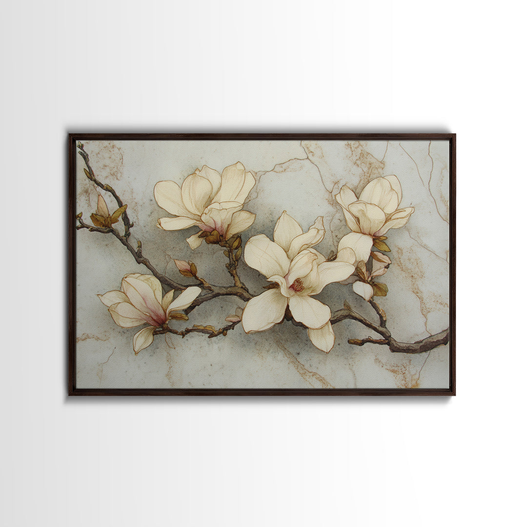 Delicate Magnolia Branch on Cream Background Framed Canvas Print, Above Bed Art, Printable Art, Bedroom Decor, Watercolor Art, ABA-3x2-20