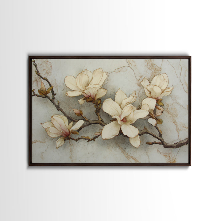 Delicate Magnolia Branch on Cream Background Framed Canvas Print, Above Bed Art, Printable Art, Bedroom Decor, Watercolor Art, ABA-3x2-20