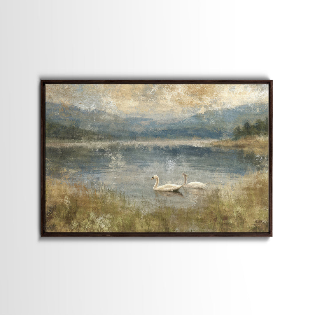 Paired Swans in a Dreamy Painterly Lake Canvas Print, Above Bed Art, Canvas Wall Art, Bedroom Decor, Watercolor Art, Serenity, ABA-3x2-26