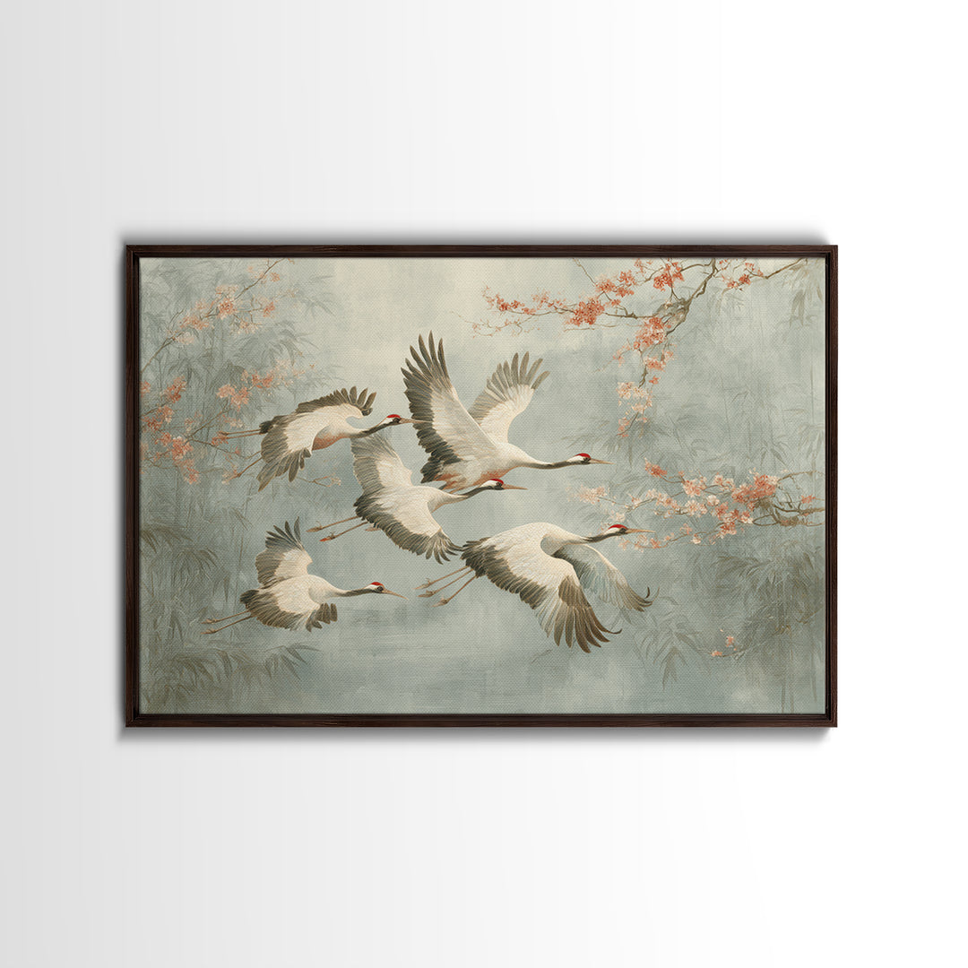 Ethereal Cranes Flying Through Pale Morning Mist Canvas Print, Above Bed Art, Sage Green Wall Art, Bedroom Decor, Oil Painting, ABA-3x2-37