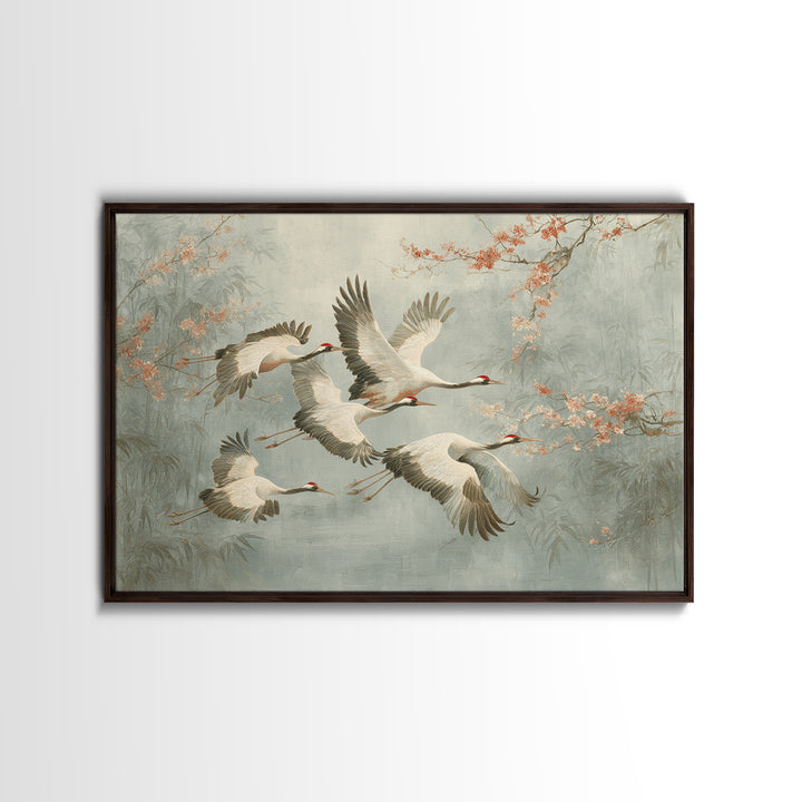 Ethereal Cranes Flying Through Pale Morning Mist Canvas Print, Above Bed Art, Sage Green Wall Art, Bedroom Decor, Oil Painting, ABA-3x2-37
