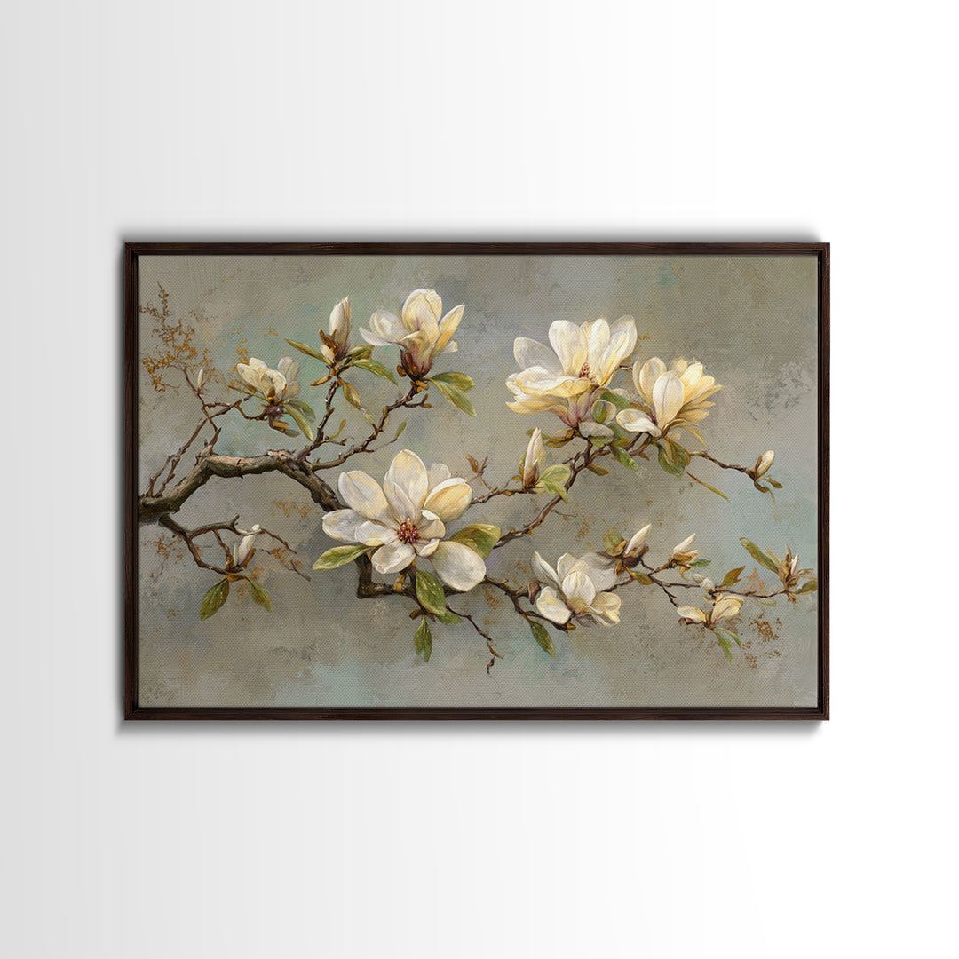 Delicate Magnolia Branch on Cream Background Canvas Print, Above Bed Art, Japanese Wall Art, Bedroom Decor, Fine Art, Serenity, ABA-3x2-44