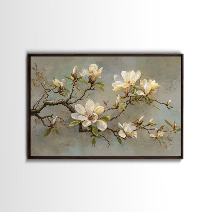 Delicate Magnolia Branch on Cream Background Canvas Print, Above Bed Art, Japanese Wall Art, Bedroom Decor, Fine Art, Serenity, ABA-3x2-44