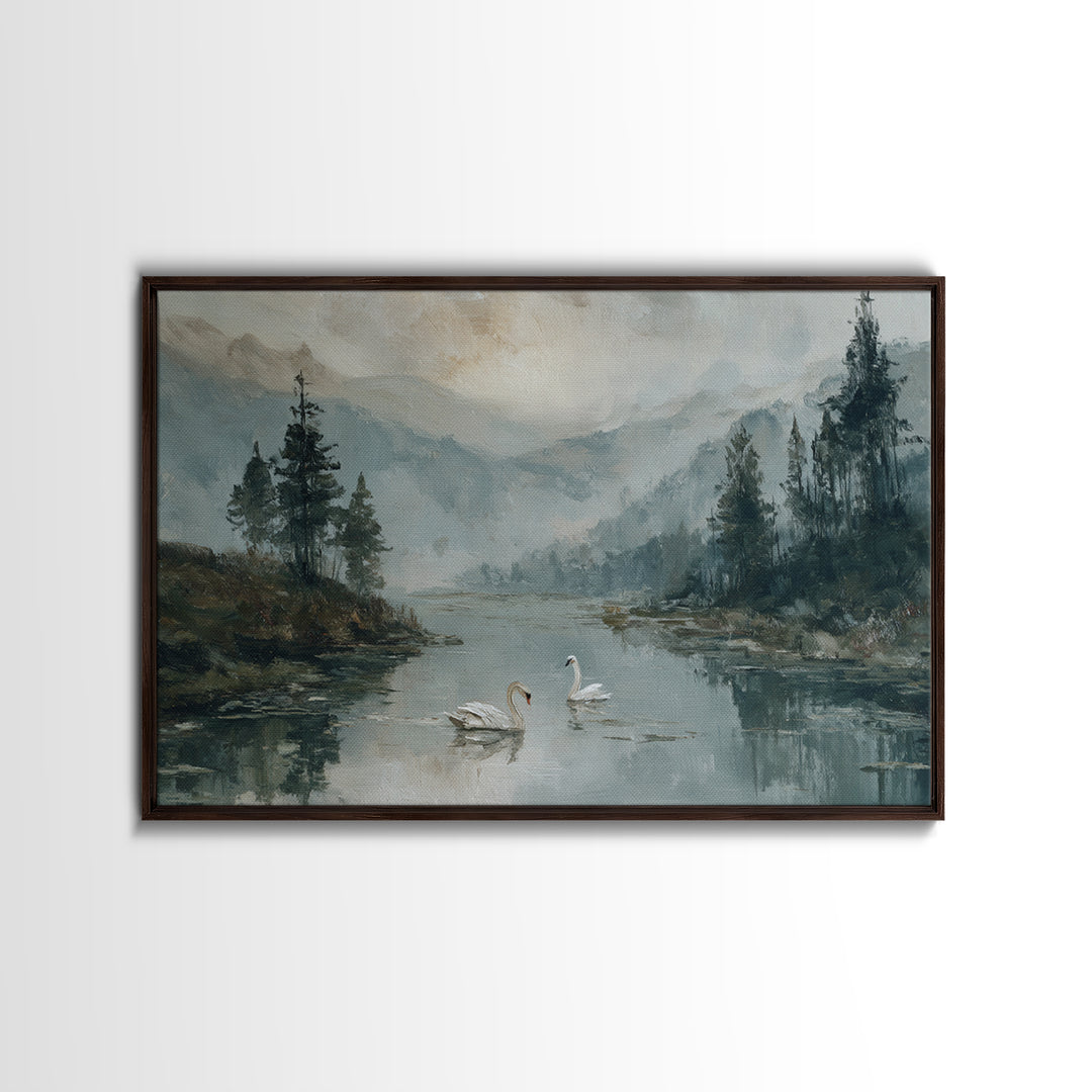 Paired Swans in a Dreamy Painterly Lake Framed Canvas Print, Above Bed Art, Living Room Decor, Bedroom Decor, Serenity, ABA-3x2-50