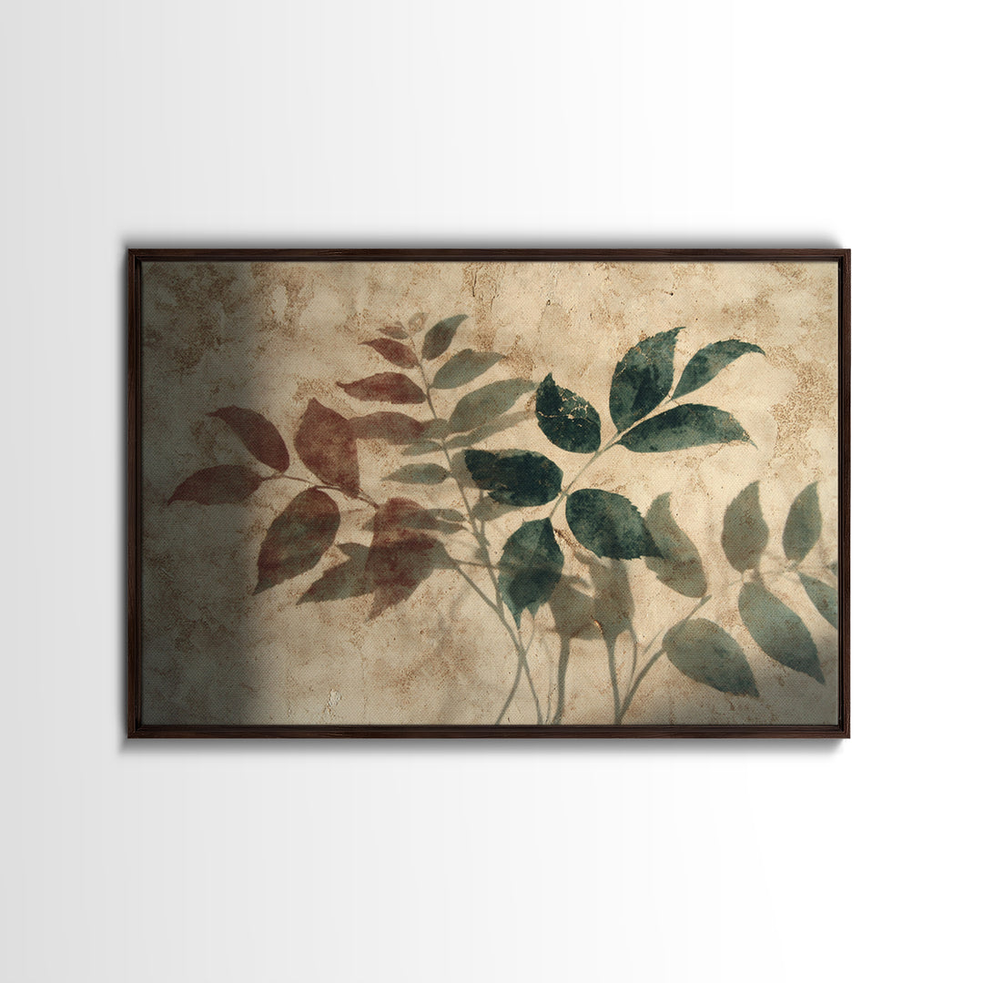 Tonal Botanical Shadows on Plaster Surface Canvas Print, Above Bed Art, Living Room Wall Art, Bedroom Decor, Oil Painting, ABA-3x2-51