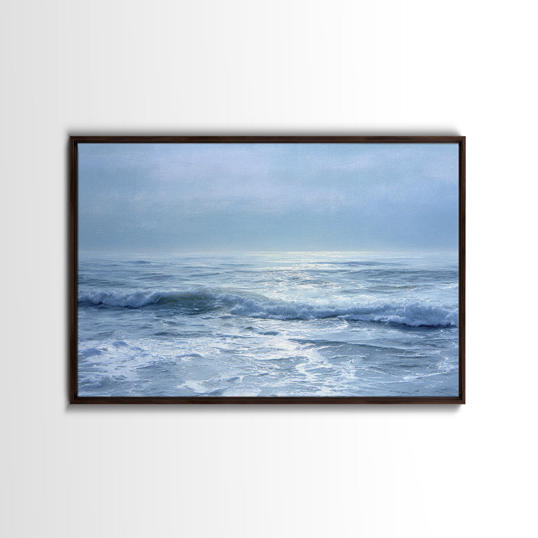 Quiet Moon over a Calm Ocean Horizon Framed Canvas Print, Above Bed Art, Digital Art, Bedroom Decor, Fine Art, Serenity, ABA-3x2-55
