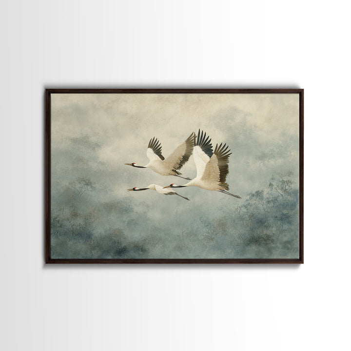 Ethereal Cranes Flying Through Pale Morning Mist Canvas Print, Above Bed Art, Sage Green Wall Art, Bedroom Decor, Oil Painting, ABA-3x2-61