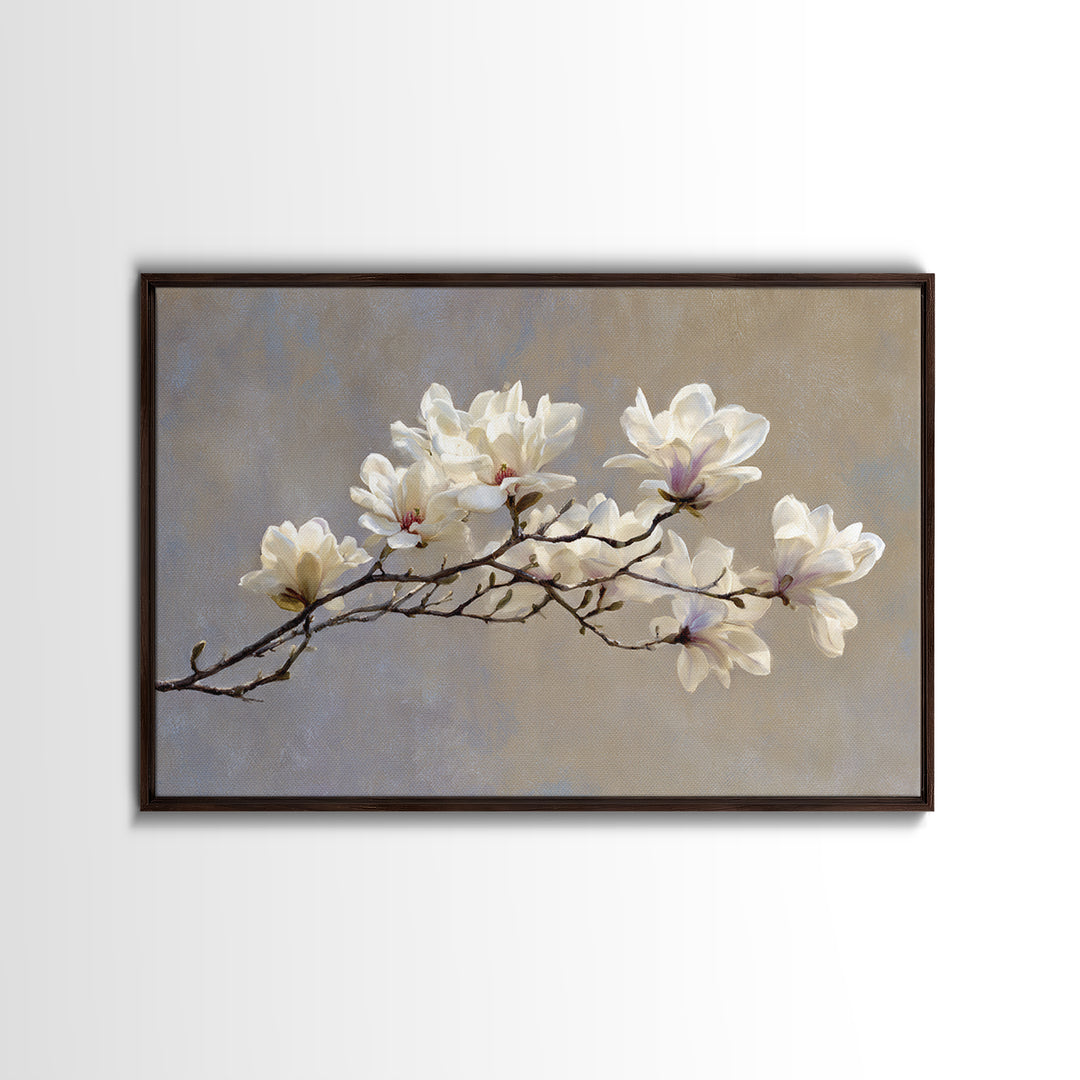Delicate Magnolia Branch on Cream Background Canvas Print, Above Bed Art, Gallery Decor, Bedroom Decor, Oil Painting, Serenity, ABA-3x2-68