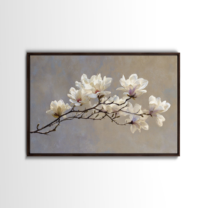 Delicate Magnolia Branch on Cream Background Canvas Print, Above Bed Art, Gallery Decor, Bedroom Decor, Oil Painting, Serenity, ABA-3x2-68